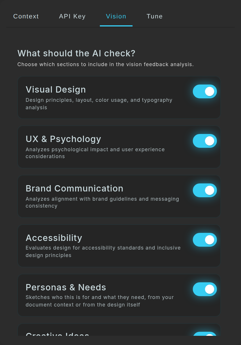 AI Settings, Vision tab: lens cards such as Visual Design and UX & Psychology, each with a switched-on toggle.