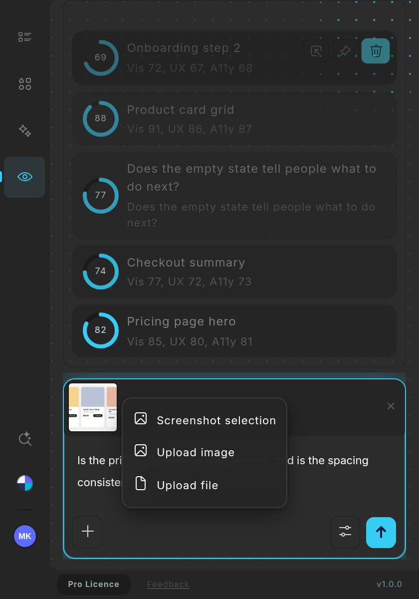 The + menu above the prompt box lists Screenshot selection, Upload image and Upload file; past reviews sit above it.