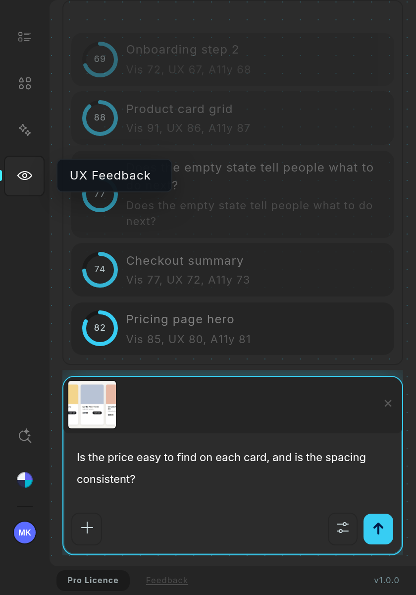 UX Feedback: five past reviews with score rings (69 to 88), an attached card screenshot, a typed question, eye tooltip.