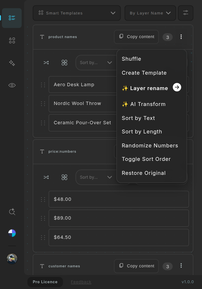 A group's ⁝ menu: Shuffle, Create Template, ✨ Layer rename, ✨ AI Transform, sort actions and Restore Original.