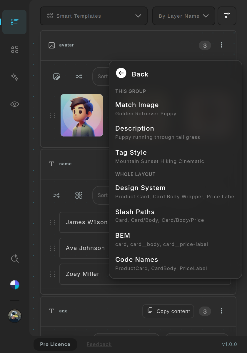 An image group's Layer rename menu: Match Image, Description and Tag Style, then the four layout styles.