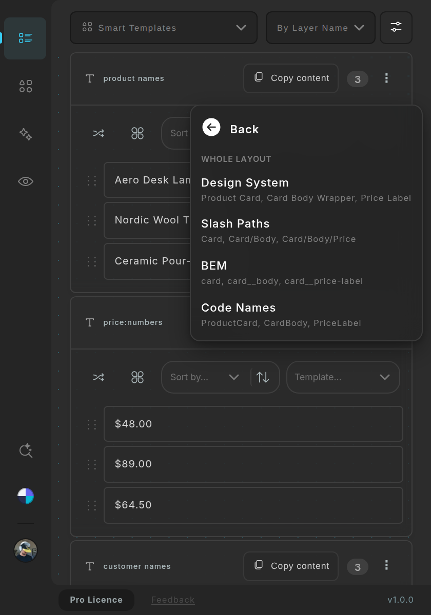 The Layer rename submenu under Whole layout: Design System, Slash Paths, BEM and Code Names, each with example names.