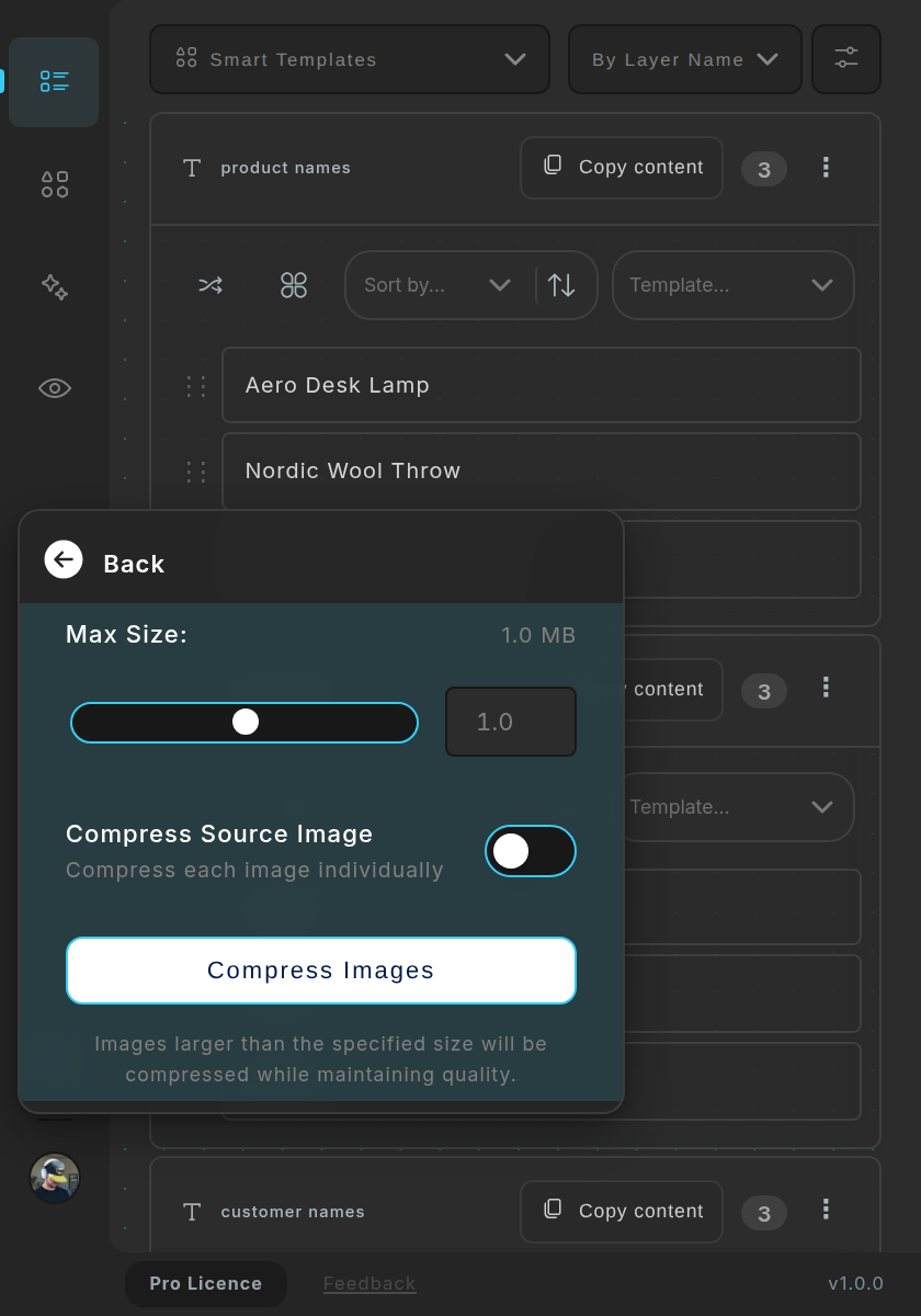 The Compress Images menu: a Max Size slider at 1.0 MB and the Compress Source Image switch.