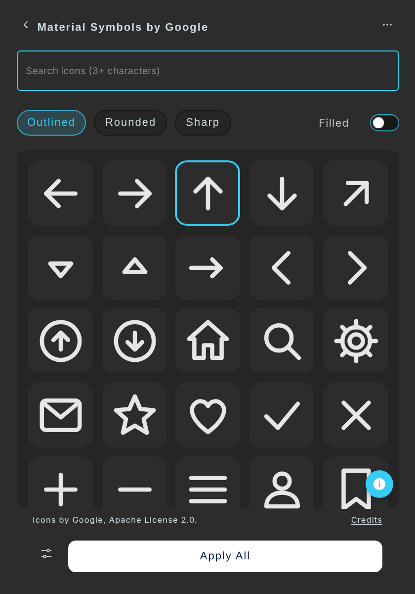 Material Symbols by Google library: search box, Outlined, Rounded and Sharp chips, Filled switch off, grid of icons.