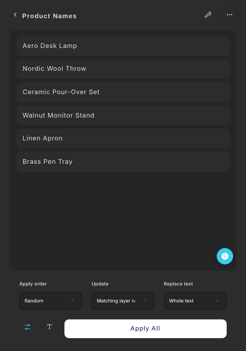A text template with six items; the apply settings show Apply order, Update and Replace text.