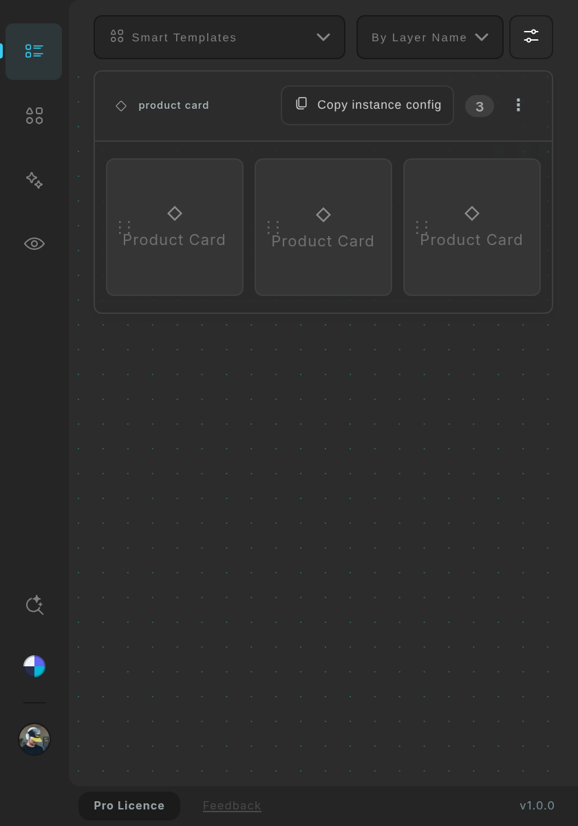The instance group Product Card with three instances; its header shows the Copy instance config button.