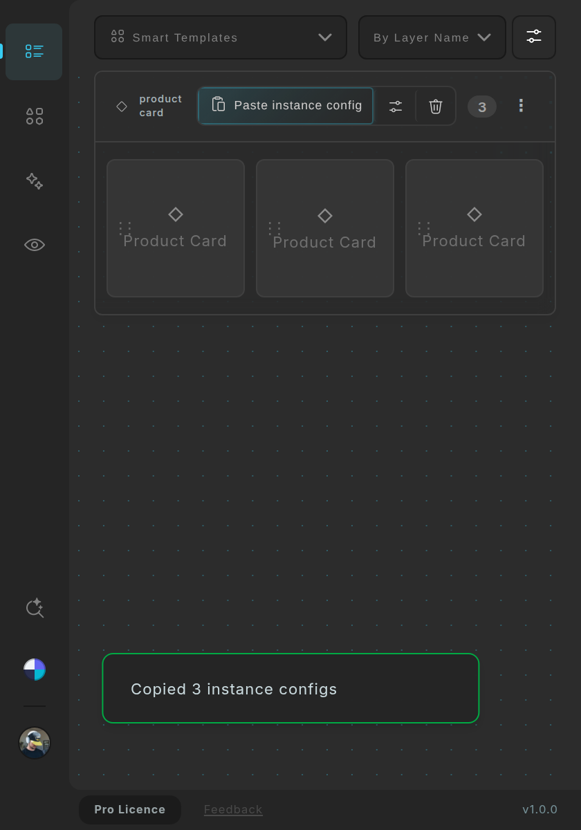 After copying, the group's header shows Paste instance config with a filter button and a clear button.