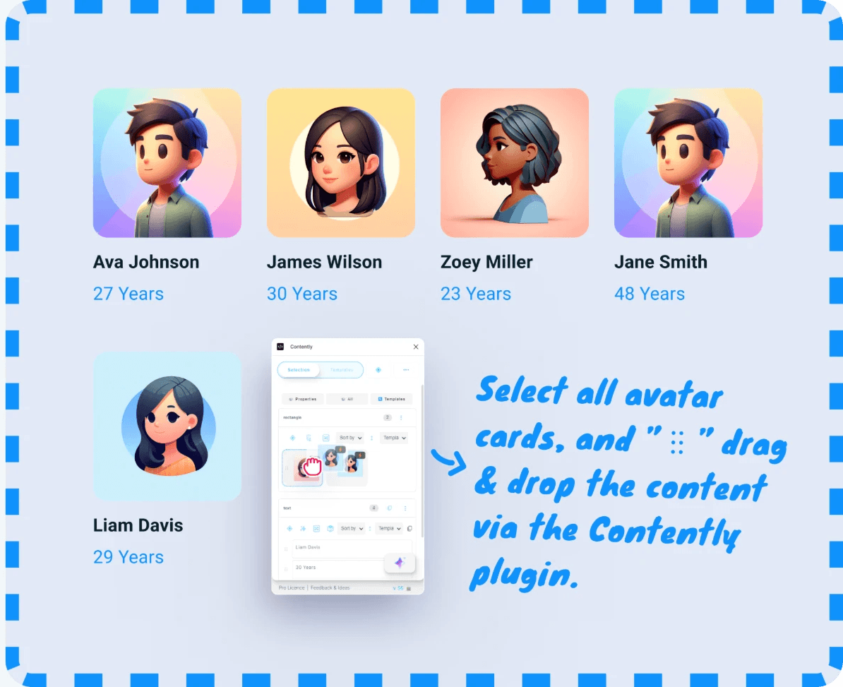Avatar cards with names and ages, and the plugin panel next to them with a hand dragging a row.