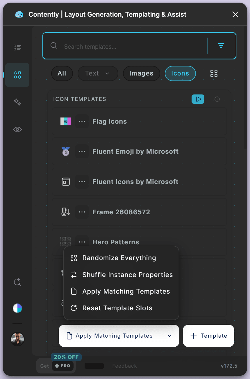 The Templates view filtered to Icons: Flag Icons, Fluent Emoji, Fluent Icons, Hero Patterns, Heroicons and iconoir.com.