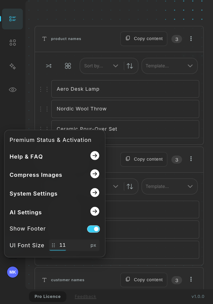 The sidebar Menu: Premium Status & Activation, Help & FAQ, Compress Images, System Settings and AI Settings.