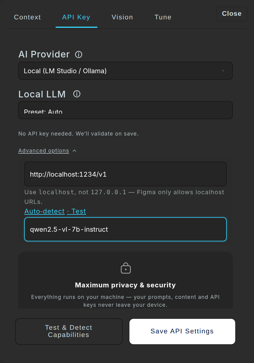 AI Settings, API Key tab, Local provider: Base URL localhost:1234/v1, a model name, and Test & Detect Capabilities.
