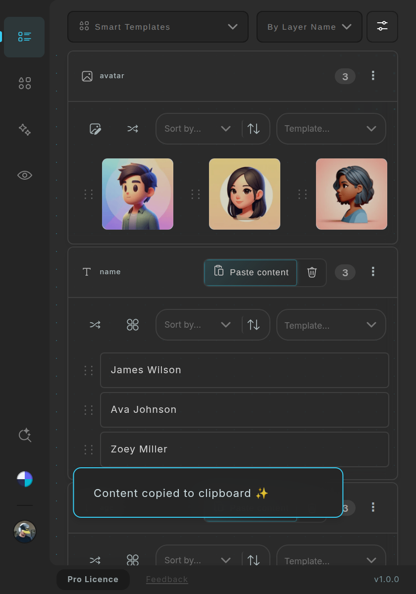 The name group's header after Copy content: the button now reads Paste content, with a clear button beside it.