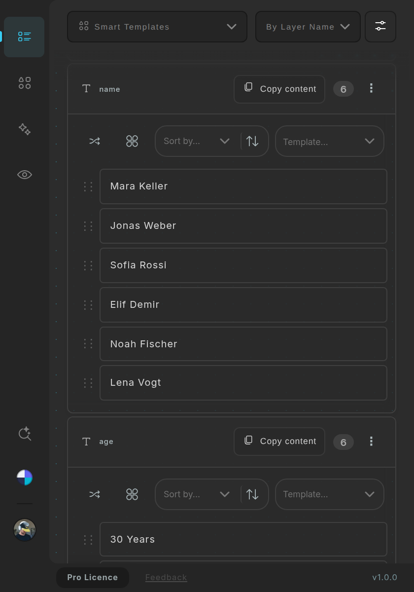 The name group after pasting six names into three rows: six rows, three of them new elements.