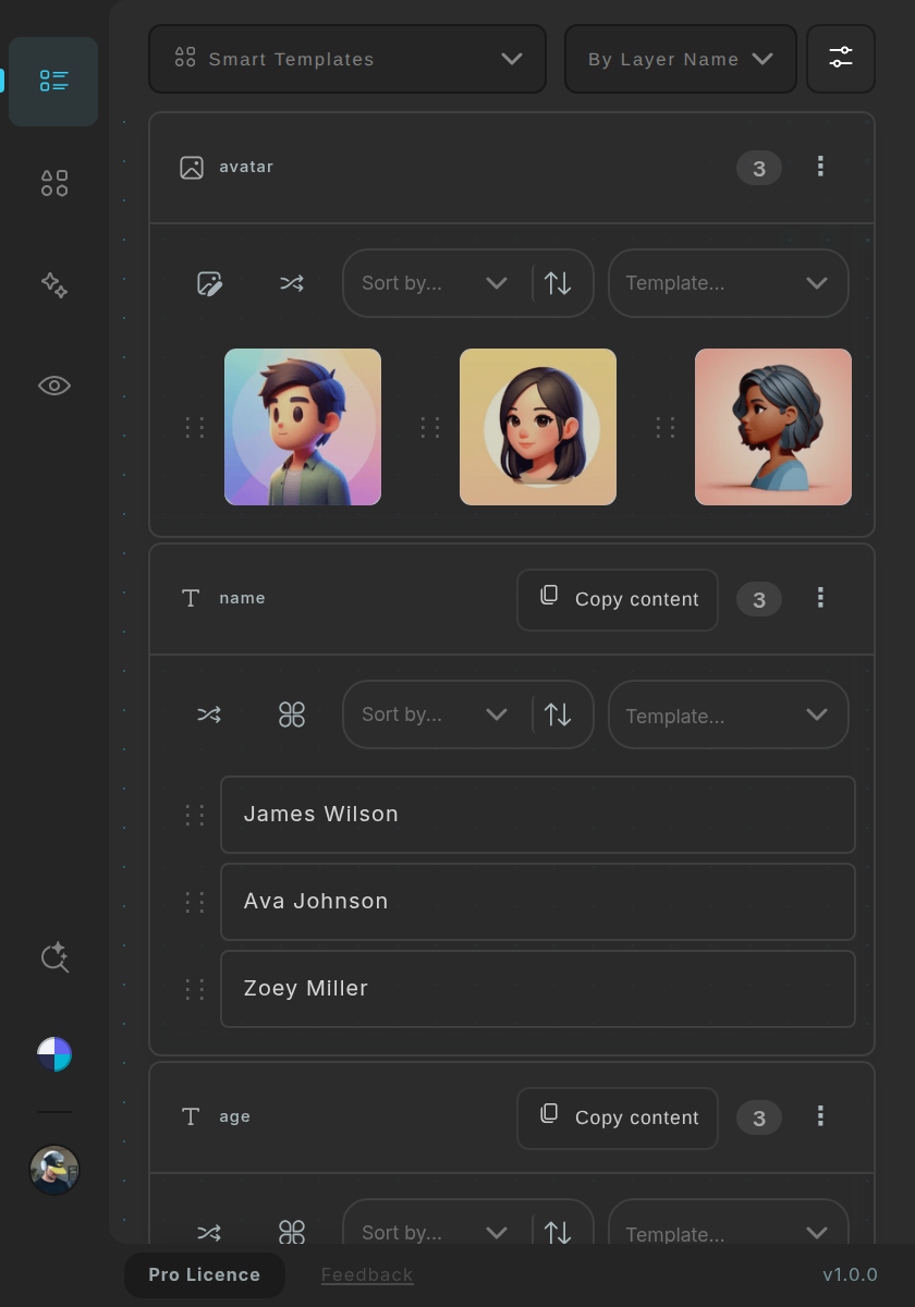 The Selection view for three avatar cards: an image group named avatar, then the text groups name and age.