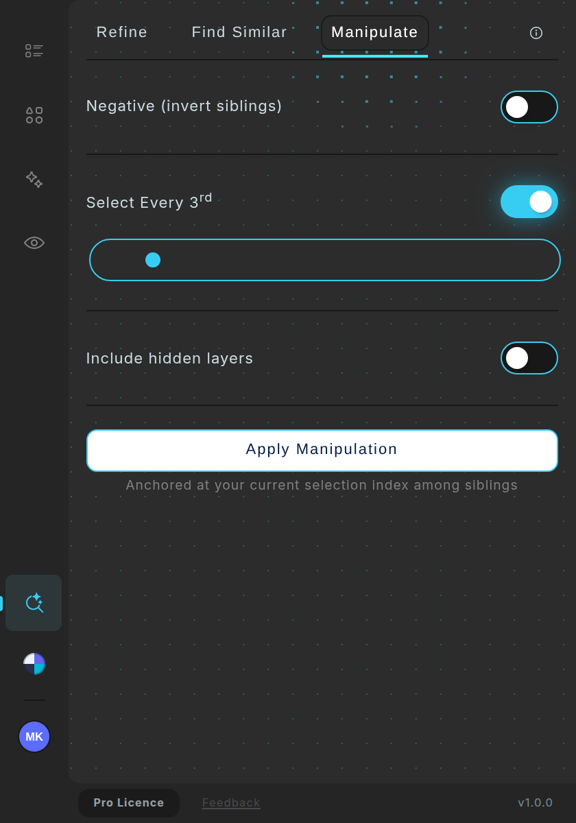 Smart Selection, Manipulate tab: Negative (invert siblings) off and Select Every 3rd on, with a slider.