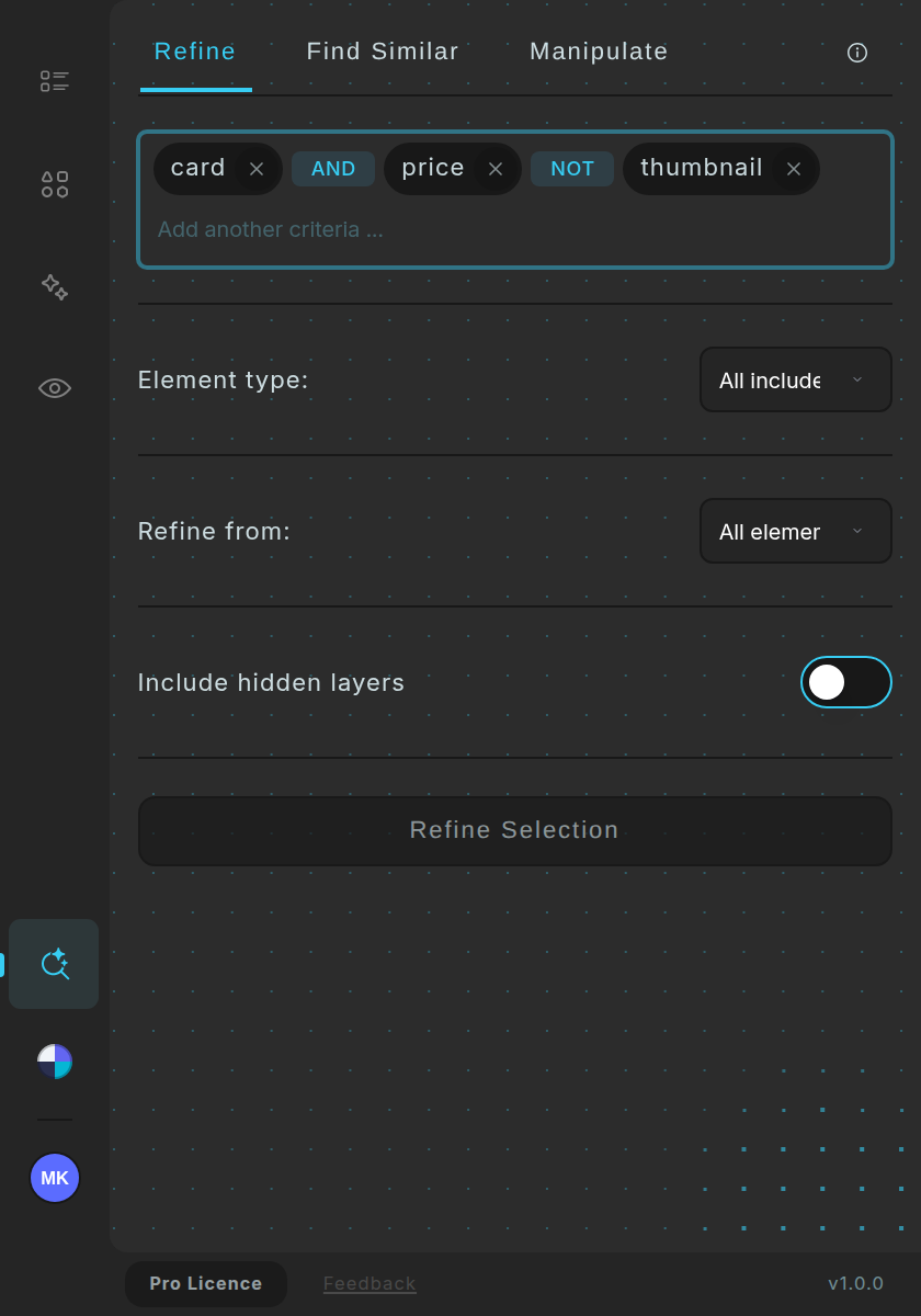 Smart Selection, Refine tab: search chips card, price and thumbnail joined by AND and NOT badges.