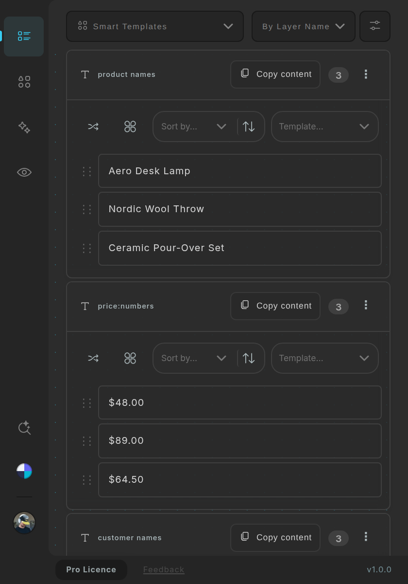 The main view: selected text layers grouped by layer name, such as product names and price:numbers.