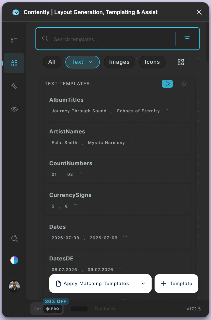 The Templates view filtered to Text: AlbumTitles, ArtistNames, CountNumbers and CurrencySigns with sample values.