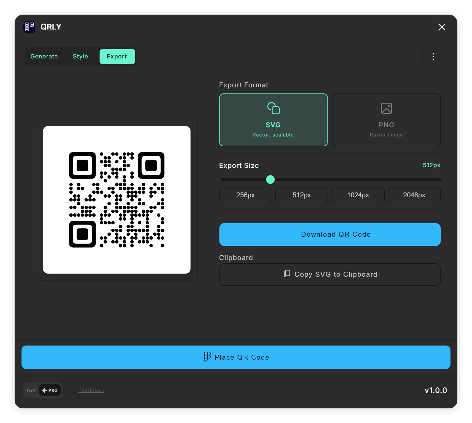 QRLY Export tab: SVG and PNG format cards, Export Size 512px with presets, Download and Copy buttons.