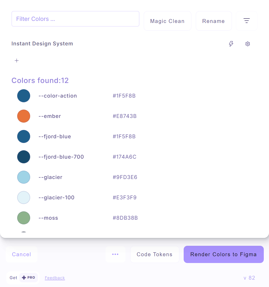 Color Extractly Classic color list: 12 colors found, such as --fjord-blue #1F5F8B, --ember #E8743B and --glacier #9FD3E6, with Magic Clean, Rename, Code Tokens and Render Colors to Figma.