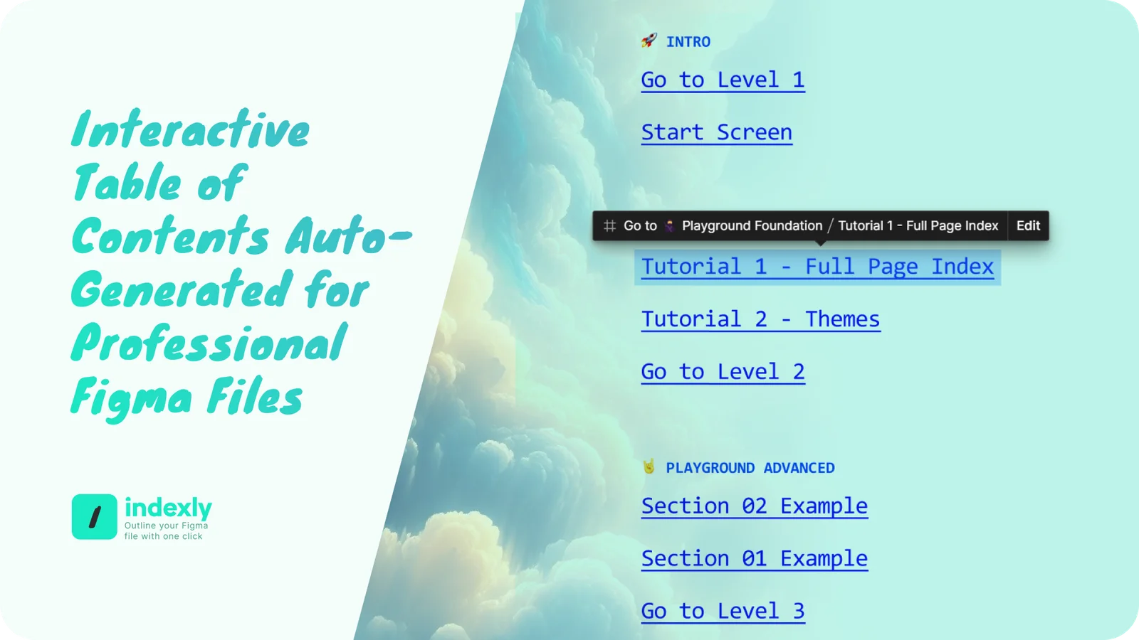 Indexly generated table of contents with links to sections in its Figma playground.