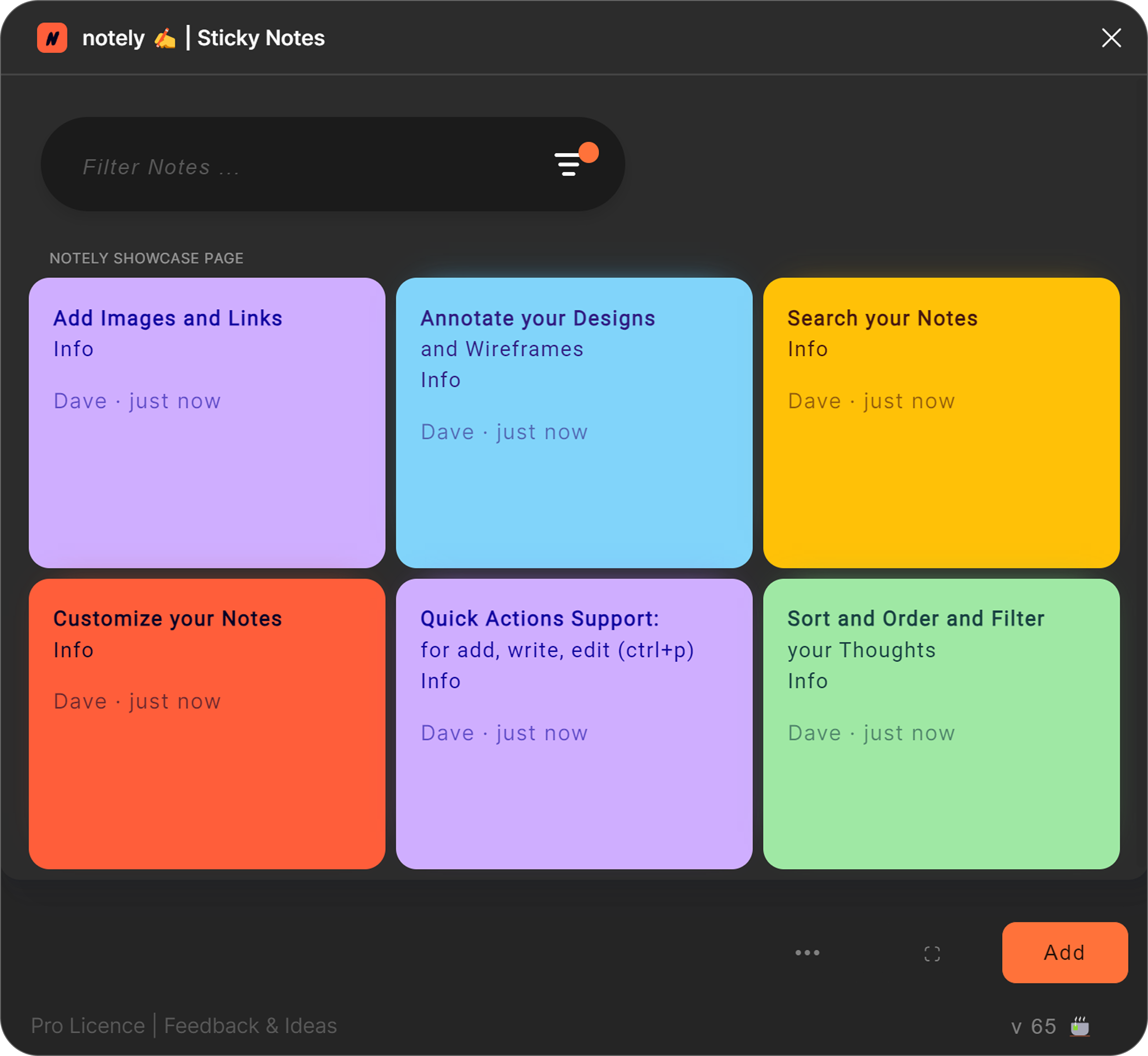Notely notes list view with search and organization features