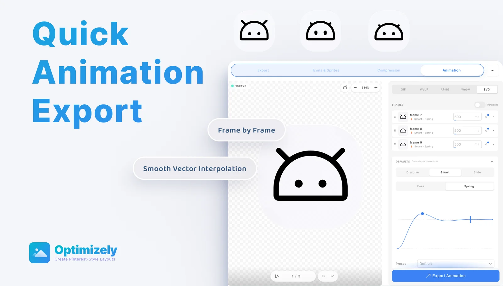 Optimizely animation editor with frame timing, transition controls and an SVG export option.