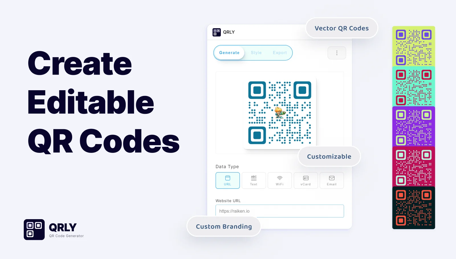 QRLY plugin window in Figma with Generate, Style and Export tabs, a dotted QR code with a centre logo and five colour variants.