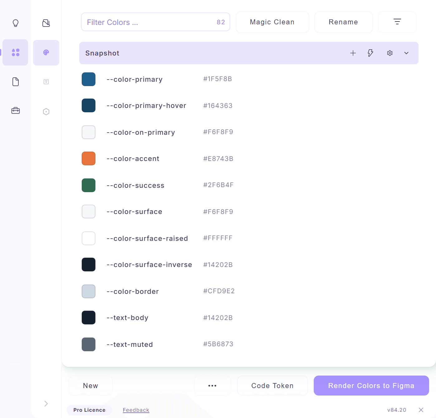 Color Extractly color list with 82 colors such as --color-primary #1F5F8B and --color-accent #E8743B, with Magic Clean, Rename and Code Token buttons.