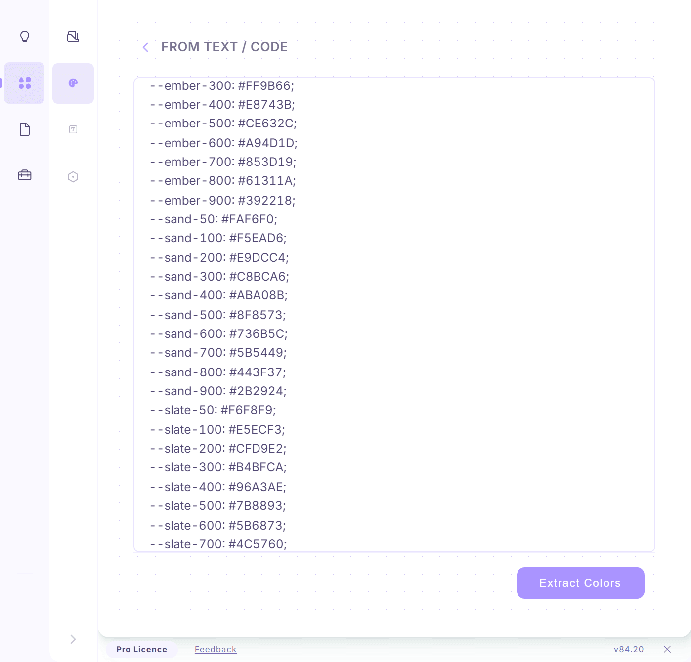 Color Extractly, From Text / Code: CSS custom properties such as --ember-300: #FF9B66 pasted into the text field, with the Extract Colors button below.